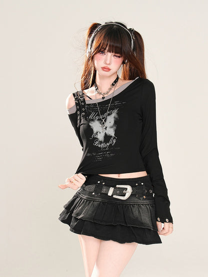 Grafisches Top Enigmatic Night Butterfly Schwarz/Weiß Asymmetrischer Ausschnitt Schnallenträger Glamourös