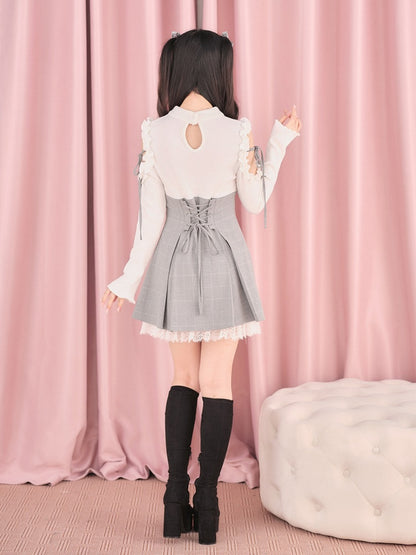 White Cut-Out Shoulder Knit Plaid Dress with Lace Trim - No Genki