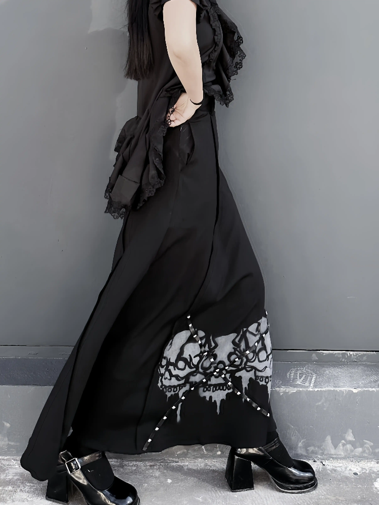 Waist Gothic Black High Skirt Skeleton Print Back Slit Studded