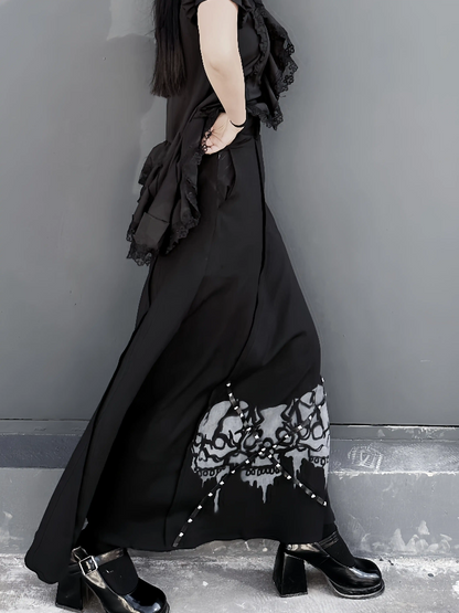 Waist Gothic Black High Skirt Skeleton Print Back Slit Studded