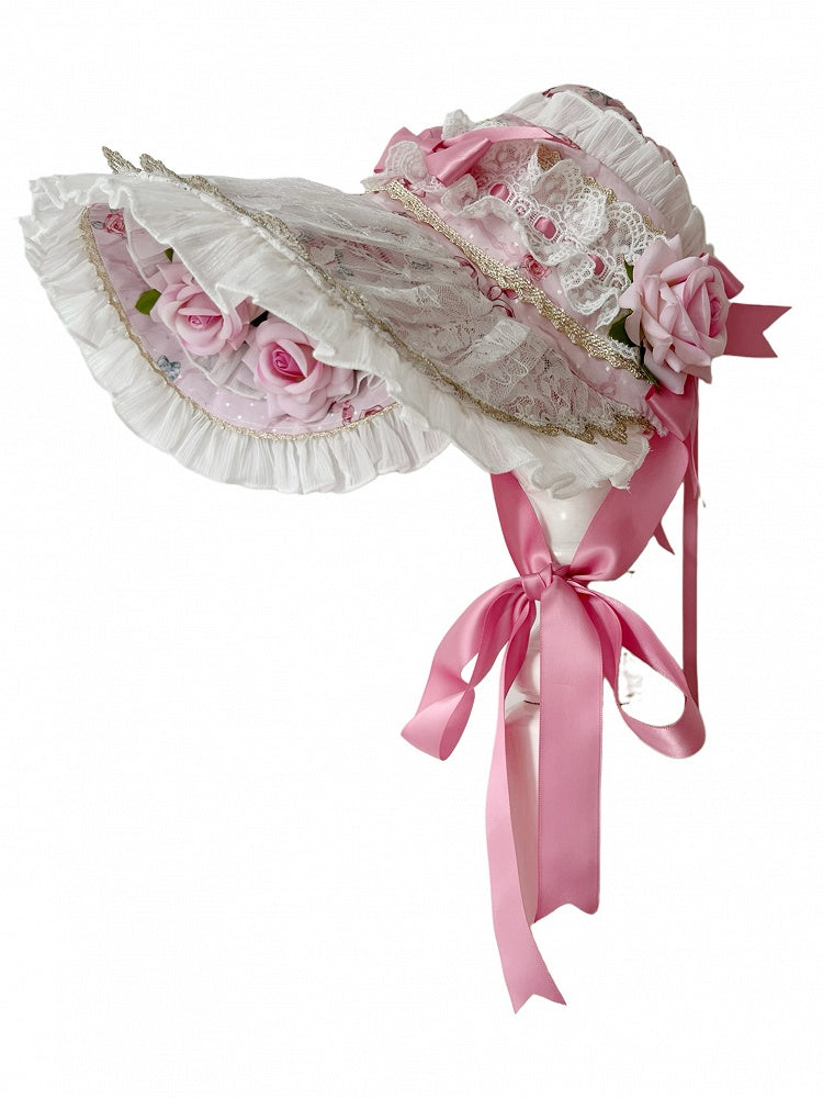 Rosette Print Pink / Green Floral Design Bonnet