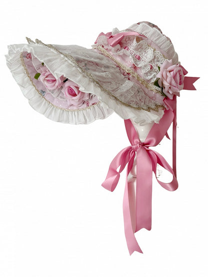 Rosette Print Pink / Green Floral Design Bonnet
