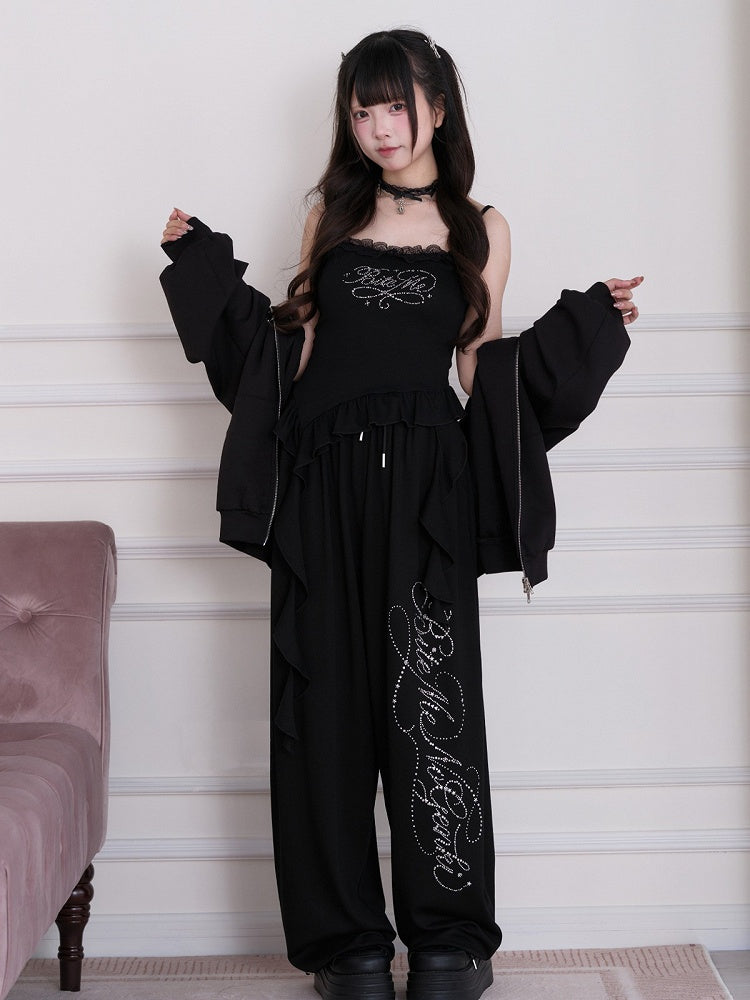 Black Lace Rhinestone Cami Top with Ruffle and Ribbon - No Genki