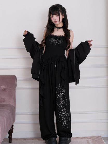 Black Lace Rhinestone Cami Top with Ruffle and Ribbon - No Genki