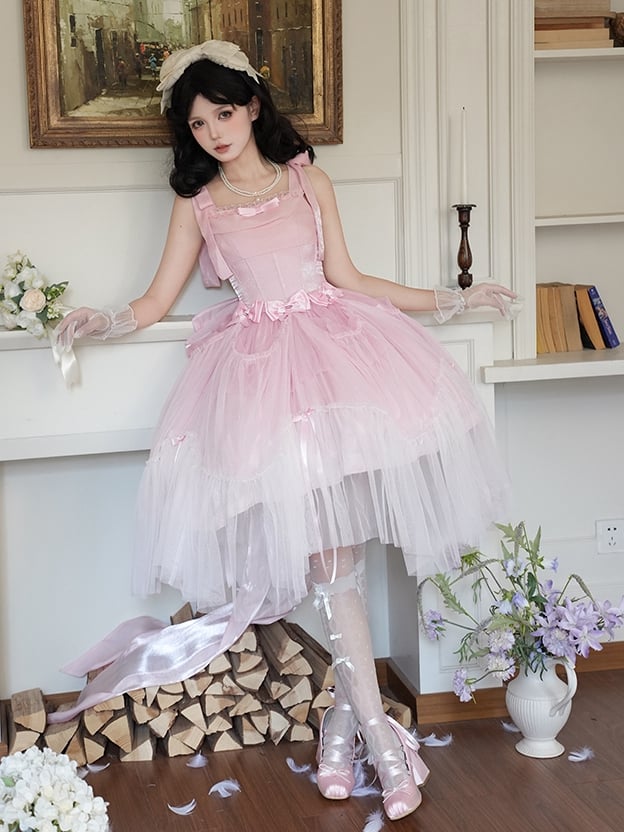 Kleid JSK Komplettes schimmerndes Set Basken-Taille Lolita mit Knochen Pink