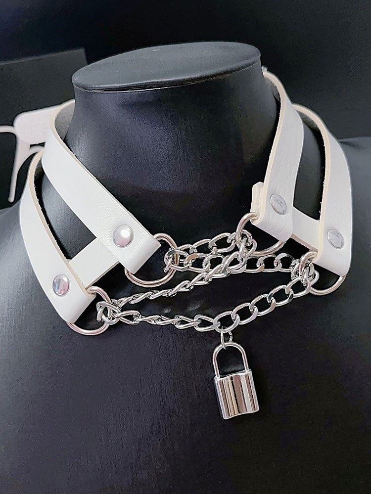 Black/White Lock Detail Y2K Pendant PU Choker Lace-up