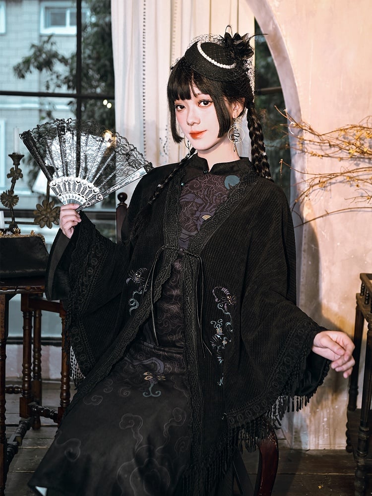 Y-Placket Embroidery Five-Poison Gothic Cape Black with Fringe Hem