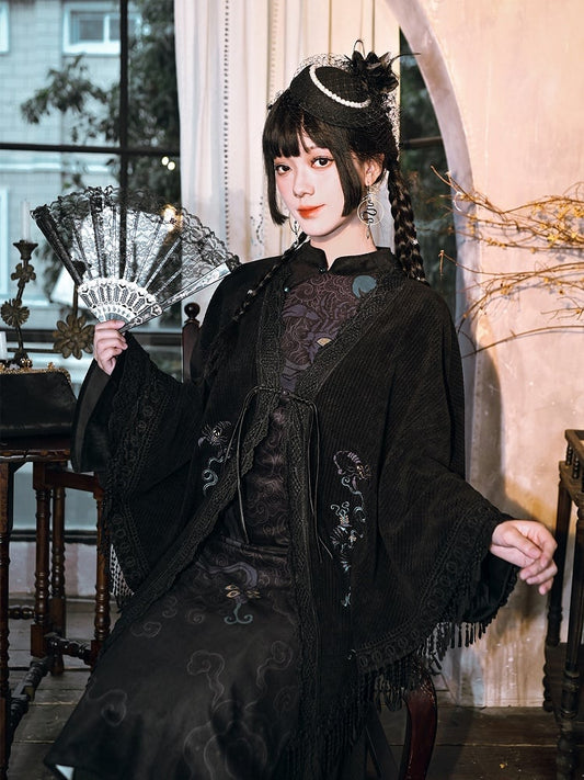 Y-Placket Embroidery Five-Poison Gothic Cape Black with Fringe Hem