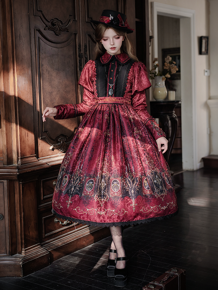 Red Dress with Lolita Wings Print Bat Gothic Candelabras Juliette Sleeves