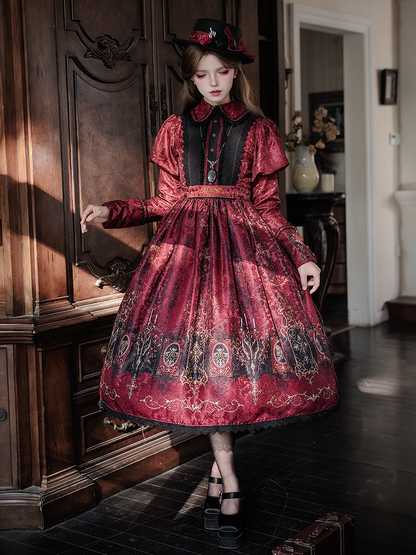 Red Dress with Lolita Wings Print Bat Gothic Candelabras Juliette Sleeves