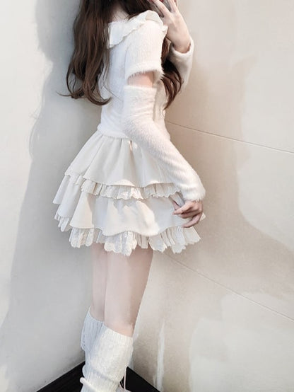 Weißer Pullover mit Rüschenausschnitt, Cut-Out-Ärmeln, Stufenrock und rosa Schleifen-Set