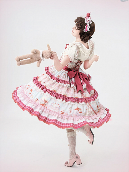 Pink Cherry Cake Print Sweet Lolita Dress with Layered Ruffles - Strawberry Fantasy