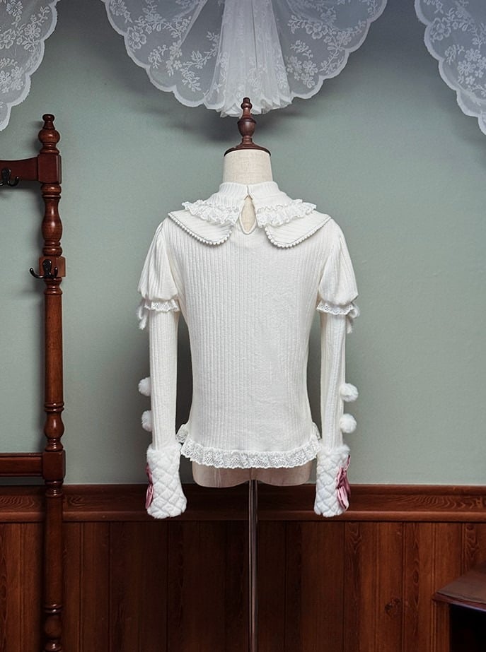 and Bows Sleeves Top Pink with Knitted Long White Pom-poms