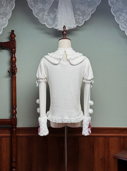and Bows Sleeves Top Pink with Knitted Long White Pom-poms