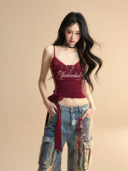 サイドキャミワインレッドVネックグラマラスクロップトップ、大きなリボン付き