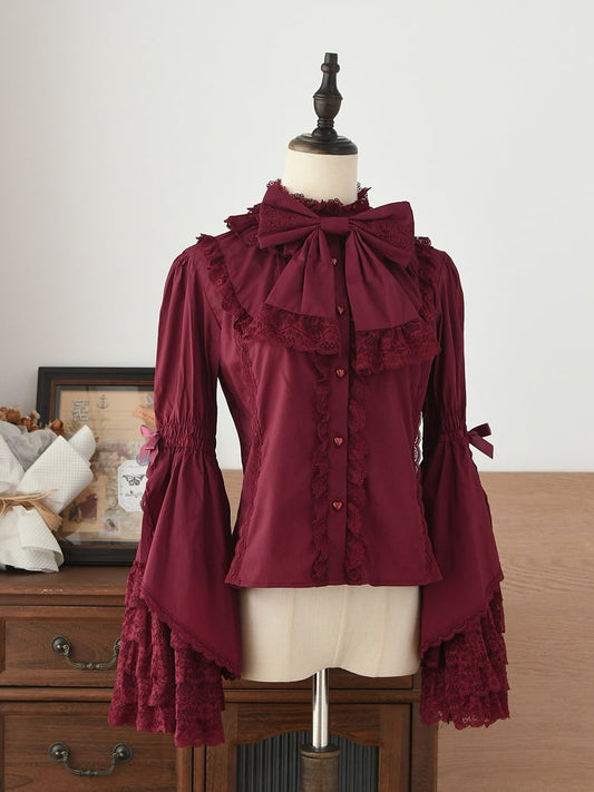 Buttons Red Wine Heart Lolita Bell with Blouse Sleeves Lace