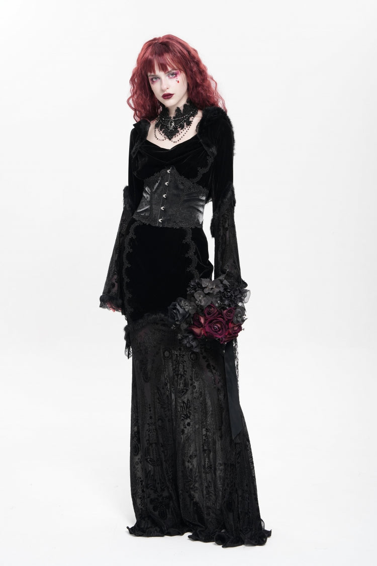 Black Long Trumpet Sleeve Hooded Mesh Gothic Dress Embroidery