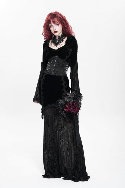 Black Long Trumpet Sleeve Hooded Mesh Gothic Dress Embroidery
