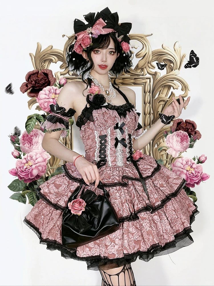 Lolita JSK with and Pink Texture Floral Dark Dress Black Skirt Multi-Layered