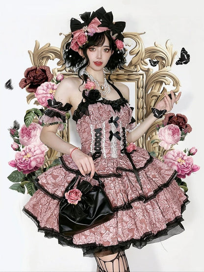 Lolita JSK with and Pink Texture Floral Dark Dress Black Skirt Multi-Layered