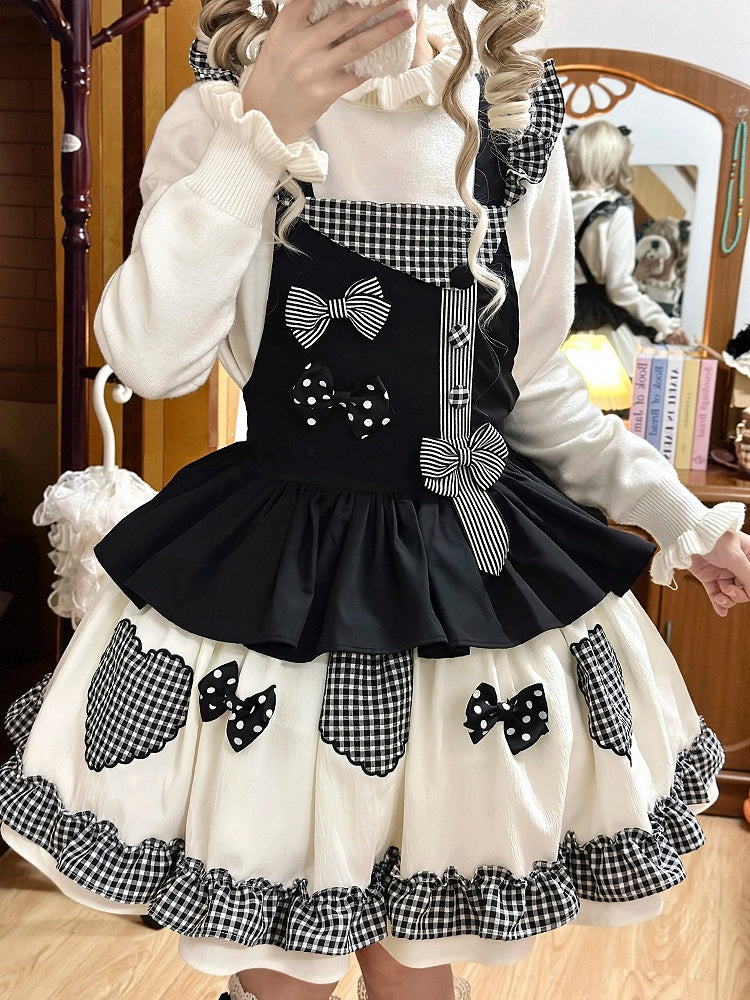 Schwarzes Gingham Lolita-Overallkleid mit süßer Schleife