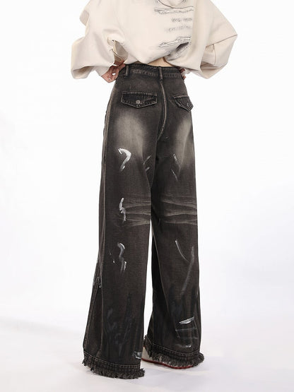 Black Closure Lines Visible Zipper Tie-Dye Graffiti Wide-Leg Jeans with Flowing