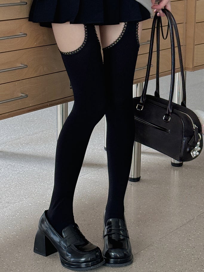 ホワイト/グレー/ブラック レーストリム サスペンダータイツ