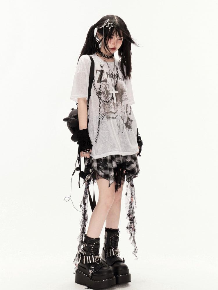 Coverup White/Black Round Neck Punk Print Semi-sheer