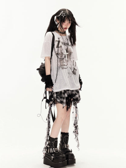 Coverup White/Black Round Neck Punk Print Semi-sheer