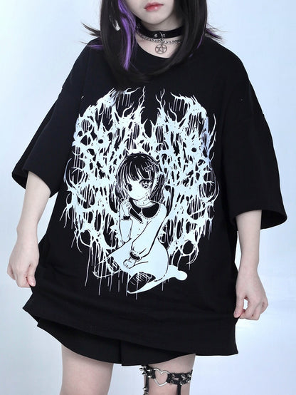 T-Shirt Oversized Girl Jirai Print Cartoon Kei Schwarz