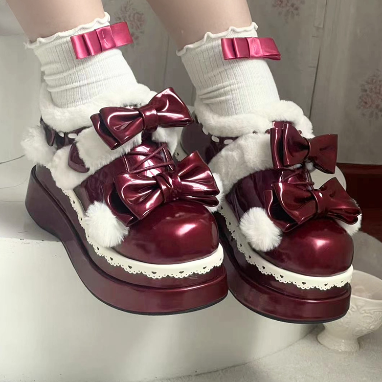 Lolita Weinrote süße Herz-Bowknot-Plateauschuhe mit Pompons