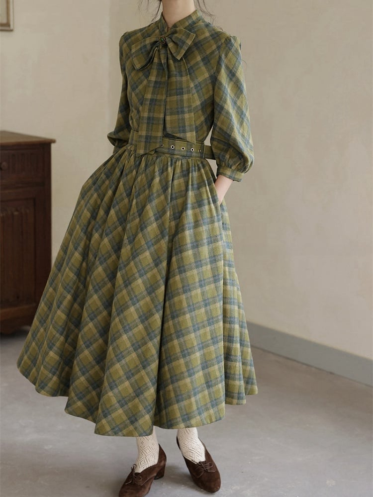 Grünes Karomuster Vintage Bowknot Schnalle Gürtel Kleid