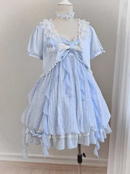 Blue Bow Cardigan with Lace Trim - Tan Tuan
