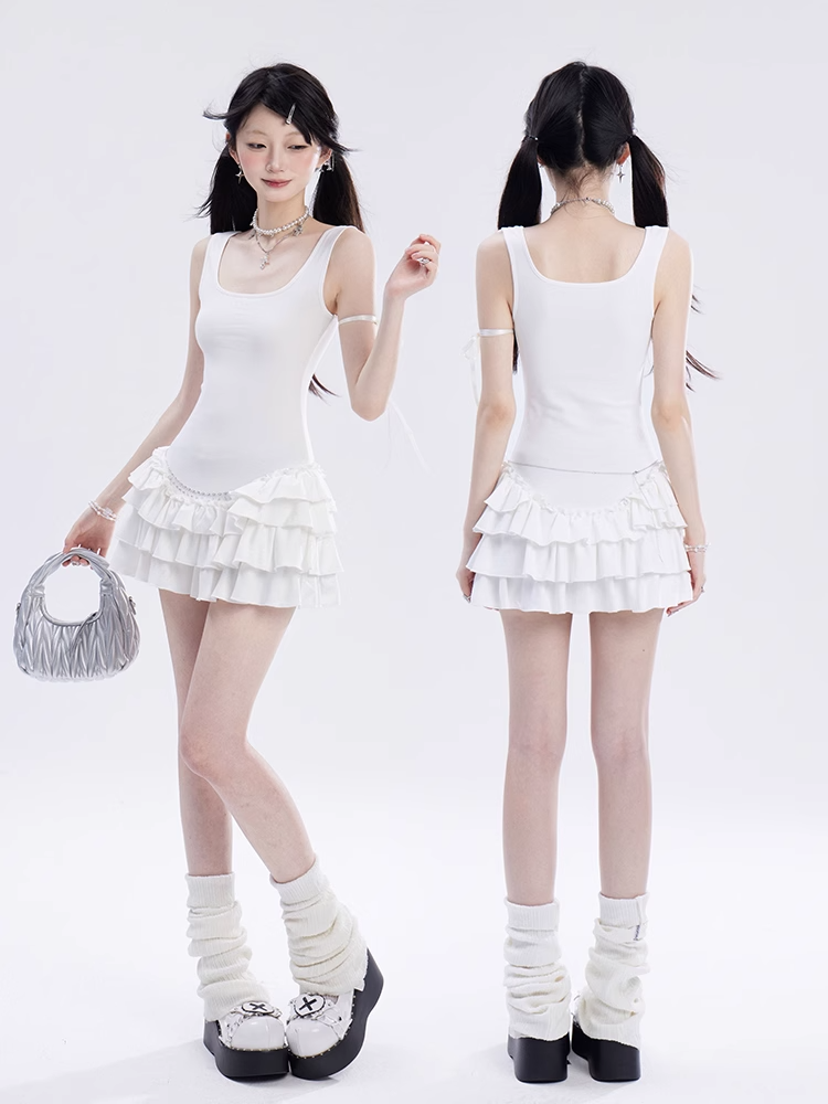 Mini-Ärmelloses Kleid Weißer Balletcore Basken-Taille Stufenrock