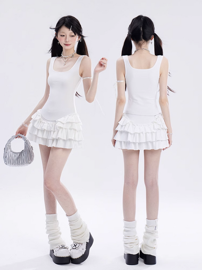 Mini-Ärmelloses Kleid Weißer Balletcore Basken-Taille Stufenrock