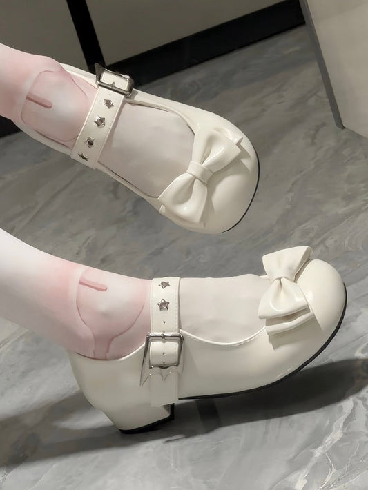 Bow Accents Sweet Low Creamy in Detail White PU Elegant Round Front Star Toe Heels Lolita