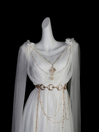 White Greek-inspired Lolita Flowing Bow Shoulders Maxi Dress with Gold Chains - Xiong Dou Jiang