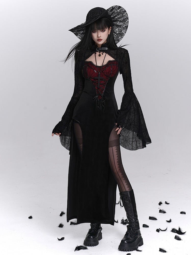 Spinnennetz-Spitzenkleid mit roten Schlitzen, Halloween-Gothic-Slip-Print und schwarzem Detail