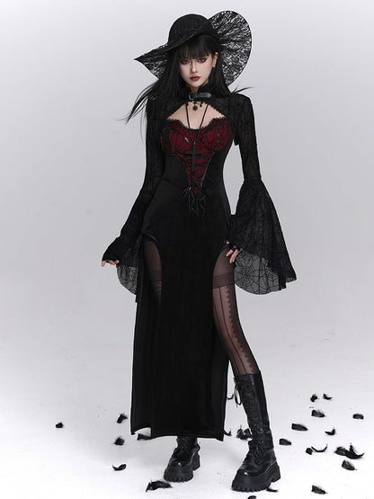 with Print PU Gothic Buckle Crop Bell Neckline Black Halloween Spiderweb Shrug Sleeve