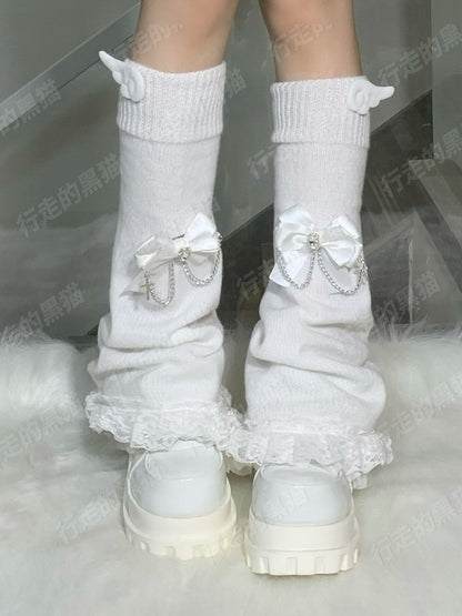 ジライケイ ブラック ラインストーン ボウウィング レーストリム レッグウォーマー