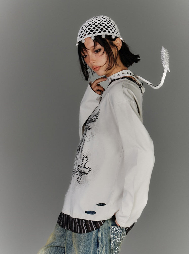 Y2K Apricot Asymmetrical Neckline Buckle Strap Glamorous Graphic Top