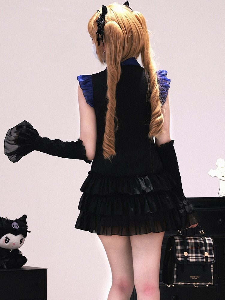 Faux Tiered Placket with Two-Piece Sleeves Ruffle Kei Arm Black and : Jirai Flutter Blue Dress