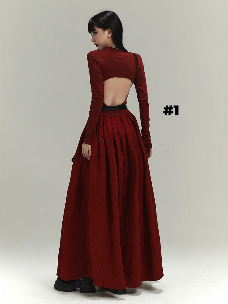 Gothic Wine Red Cross Backless/Covered-Back Slim-fitting Dress