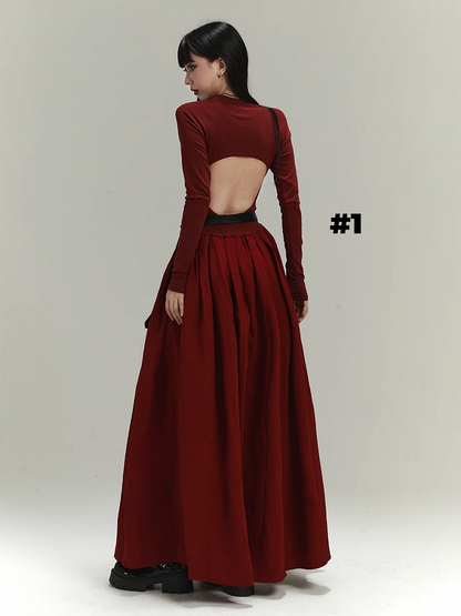 Gothic Wine Red Cross Backless/Covered-Back Slim-fitting Dress
