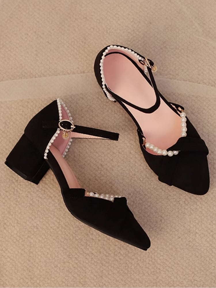 Decor Chain Shoes Intricate Qi Pointed with Toe Black - Heel Mid Beaded Sandals Lolita Detachable Back Suede