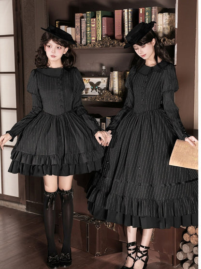 Black Striped Long Sleeve Lolita OP Dress Full Set with Mini Hat & 2-Way Bow Brooch - With PUJI