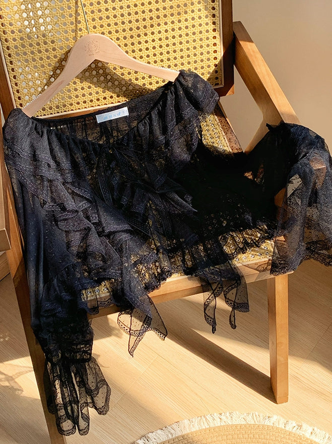 Cascading Top Trim Dotted Black Ruffle Sheer Long Tulle Sleeves