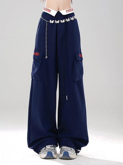 Klein Blue Wide-Leg Pants with Lettered Pocket Flaps and Foldover Waistband