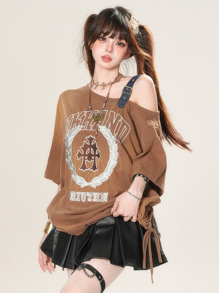 T-shirt Letter Asymmetrical Strap Print Neckline Glamorous Buckle Brown
