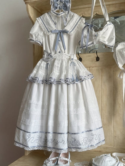 Ivory and Azure Stitched Sailor Gown with Detachable Collar - Honey Machine